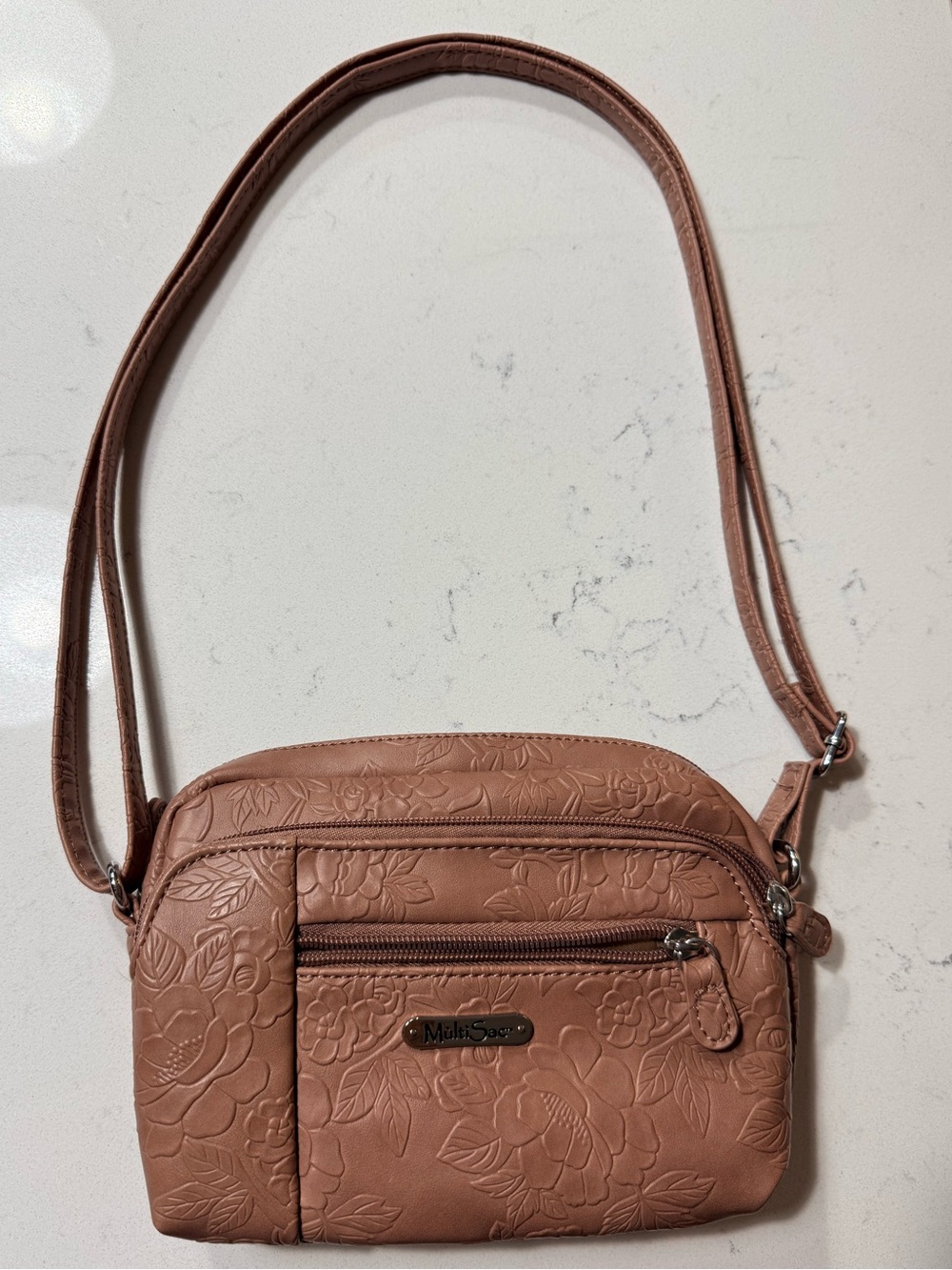 Multi Sac Purse Floral Embossed Crossbody Bag Rosey Tan Adj Strap 3 Zip Pockets